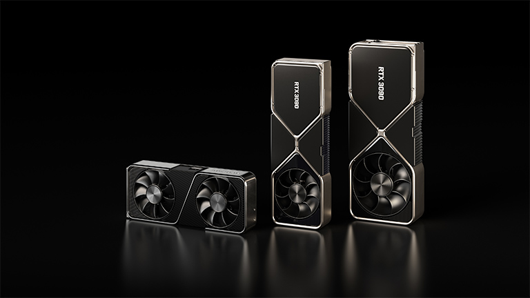 Nvidia GeForce RTX 3000 Die Nvidia GeForce RTX 3070, RTX 3080 und RTX 3090 im Größenvergleich.
