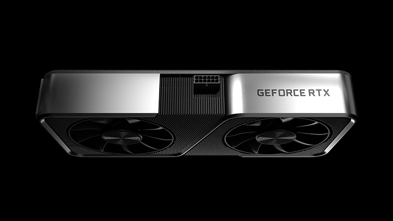 Nvidia GeForce RTX 3000 Seitenansicht einer neuen Nvidia-Karte der 3000er-Serie.