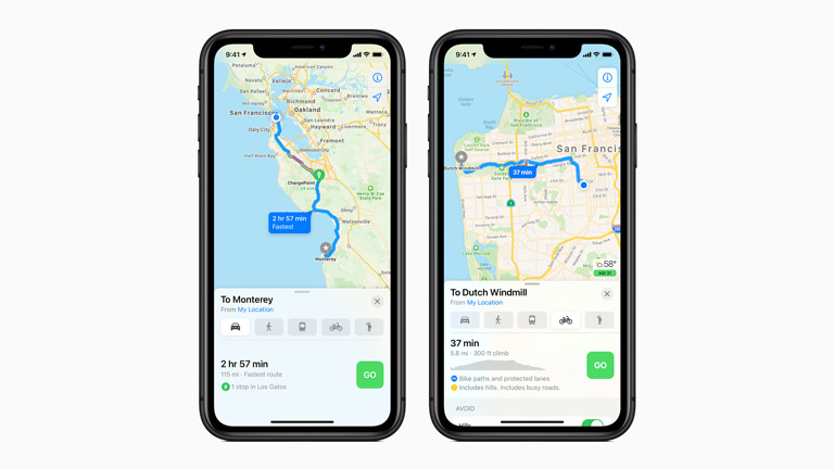 iOS 14: Das ist das neue Betriebssystem für iPhones Auf zwei Screenshots ist die neue Routenführung für Radler und E-Auto-Fahrer zu sehen.