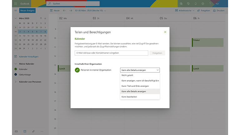 Outlook Kalender Ein Screenshot von Microsoft Outlook. In einem Fenster sind die Berechtigungen für den geteilten Kalender geöffnet.