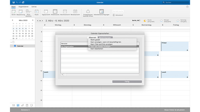 Outlook Kalender Die Kalender-Berechtigungen von Microsoft Outlook auf einem Screenshot vom Mac.