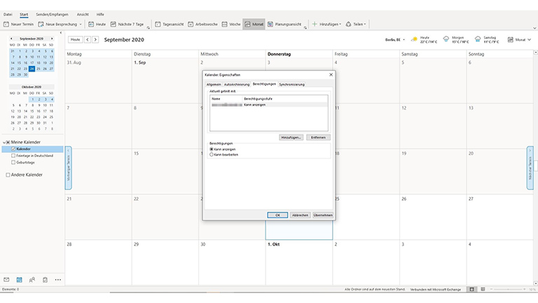 Outlook Kalender Hier ist das Fenster mit den Kalender-Berechtigungen auf einem Screenshot von Outlook unter Windows zu sehen.