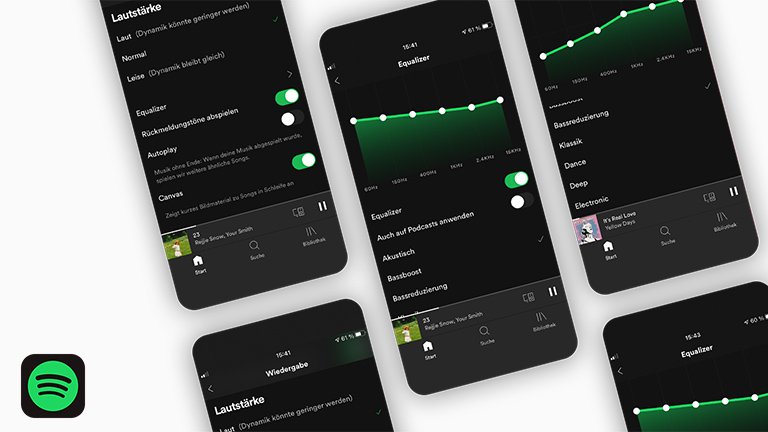 Software Equalizer einstellen Mehrere Screenshots zeigen die verschiedenen Auswahlmöglichkeiten des Equalizers von Spotify.