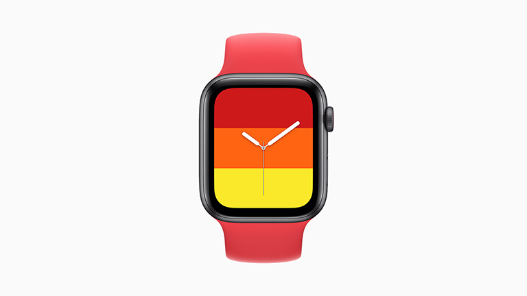 Apple Watch SE Die Apple Watch SE mit grauem Gehäuse, Solo-Loop aus Gummi in Rot und Stripes-Ziffernblatt.