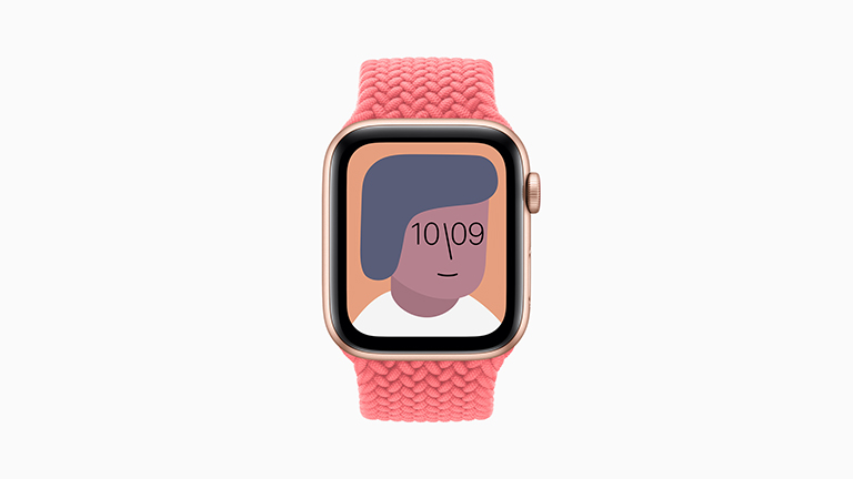 Apple Watch SE Die Apple Watch SE mit goldenem Gehäuse, geflochtenem Solo-Loop in Pink und Künstler-Watchface.