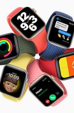 Die Apple Watch SE in sechs verschiedenen Gehäuse-Band-Kombinationen.