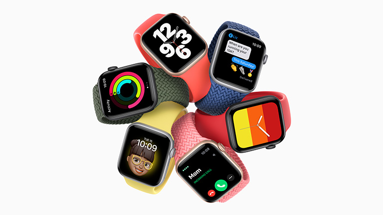 Die Apple Watch SE in sechs verschiedenen Gehäuse-Band-Kombinationen.