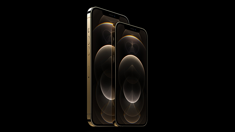 Apple iPhone 12 Pro Produktfoto des iPhone 12 Pro und des iPhone 12 Pro Max in Gold.