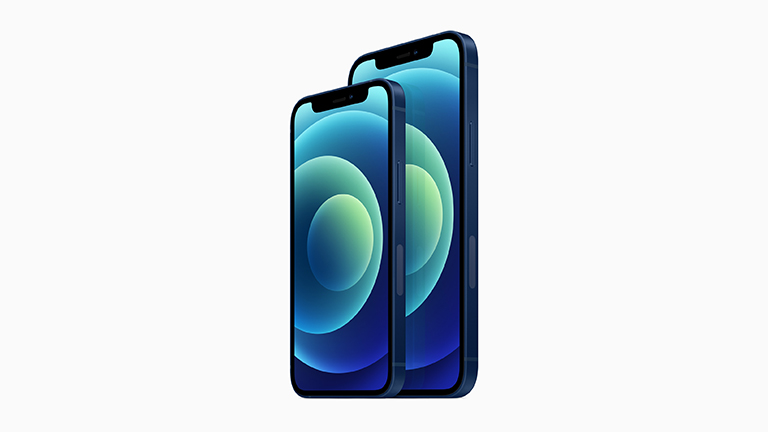 Apple iPhone 12 Produktbild des iPhone 12 und des iPhone 12 mini in der neuen Farbe "Blau".