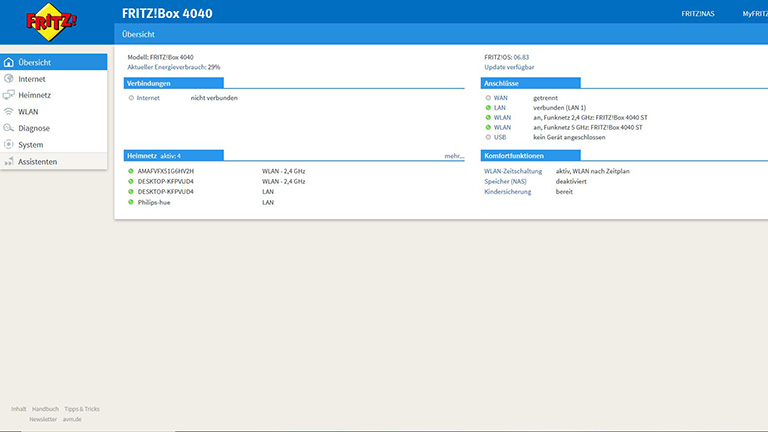 FritzBox-Hauptmenue Hauptmenü einer FritzBox 4040.