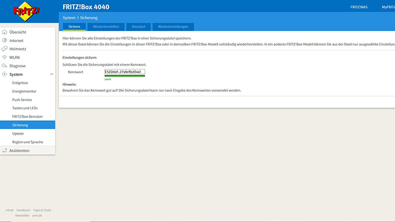 FritzBox-Sicherung Die Sicherung von Einstellungen bei einer FritzBox 4040
