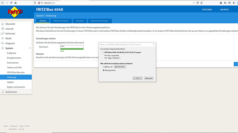 FritzBox-Sicherung2 Download-Fenster bei einer Sicherung der FritzBox 4040.