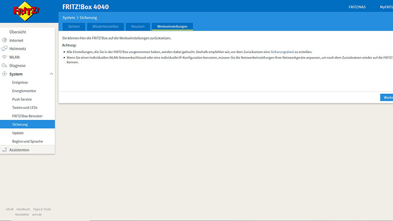 FritzBox-Werkseinstellung Das Werkseinstellungs-Menü bei einer FritzBox 4040.