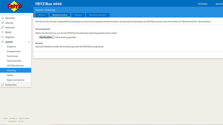 FritzBox-Wiederherstellen-1 Der Wiederherstellen-Bildschirm bei einer FritzBox 4040.