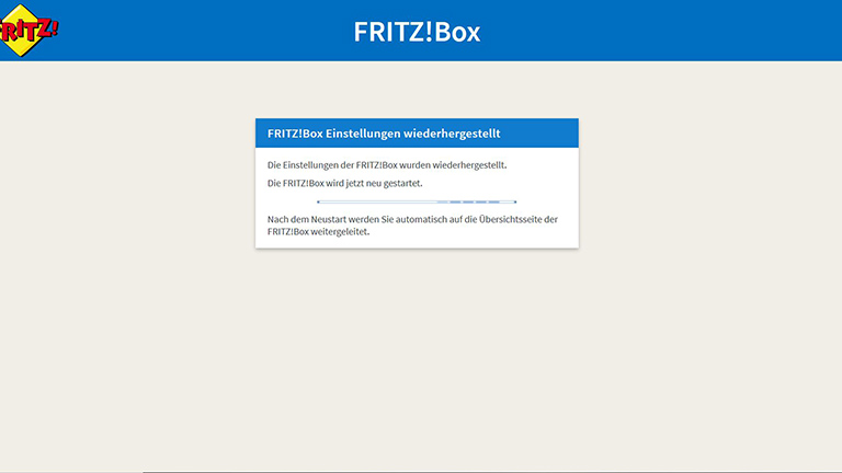 FritzBox-Wiederherstellen2 Der Fortschrittsbalken beim Wiederherstellen einer FritzBox 4040.