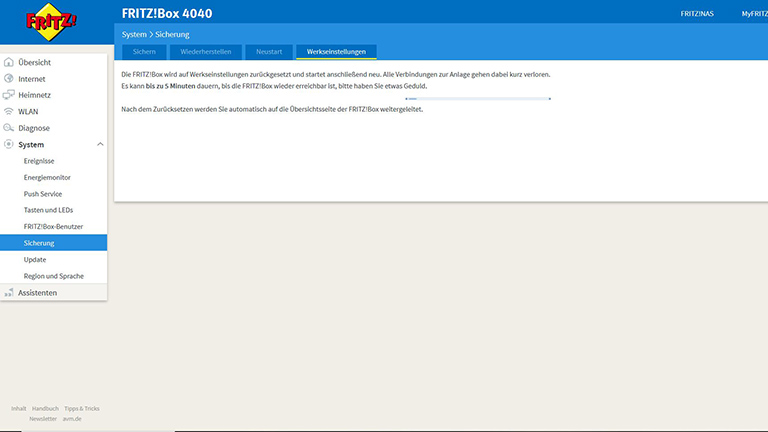 Fritzbox-Werkseinstellung-2 Der Fortschrittsbalken beim Zurücksetzen einer FritzBox 4040.