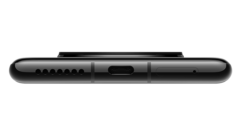 HUAWEI-Mate-40-Pro_Black Produktbild der Unterseite des Huawei Mate 40 mit USB-C-Anschluss, Lautsprecher und SIM-Karten-Eingang.