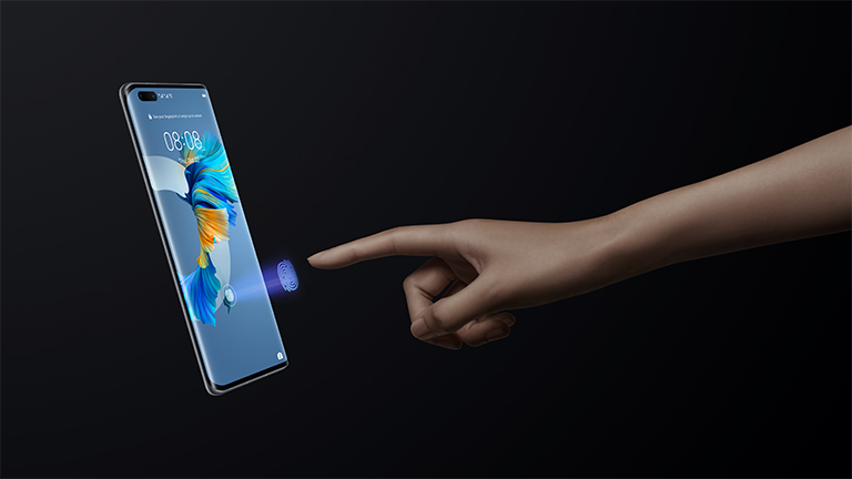 HUAWEI-Mate-40-Pro_FIngerprint Produktbild des Huawei Mate 40 Pro und dessen im Display eingelassenen Fingerabdrucksensor.