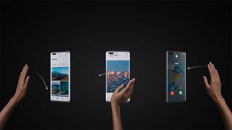 HUAWEI-Mate-40-Pro_Gesture Produktbild des Huawei Mate 40 Pro, das demonstriert, wie sich das Smartphone berührungslos mit Gesten steuern lässt.