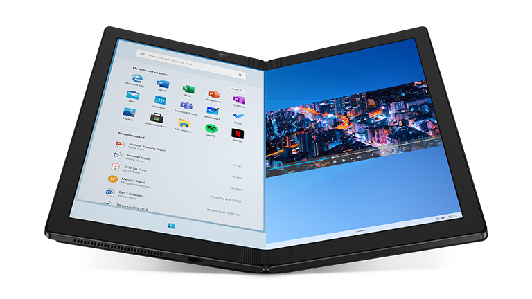 Lenovo ThinkPad X1 Fold Das ThinkPad X1 Fold halb aufgeklappt mit zwei Programmen nebeneinander.