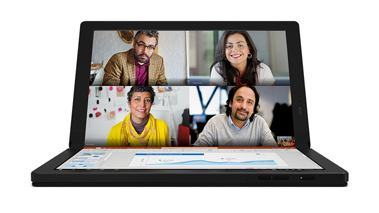 Lenovo ThinkPad X1 Fold Das Lenovo ThinkPad X1 Fold im halb aufgeklappten Zustand.