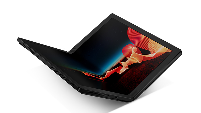Das Lenovo ThinkPad X1 Fold im halb aufgeklappten Zustand.