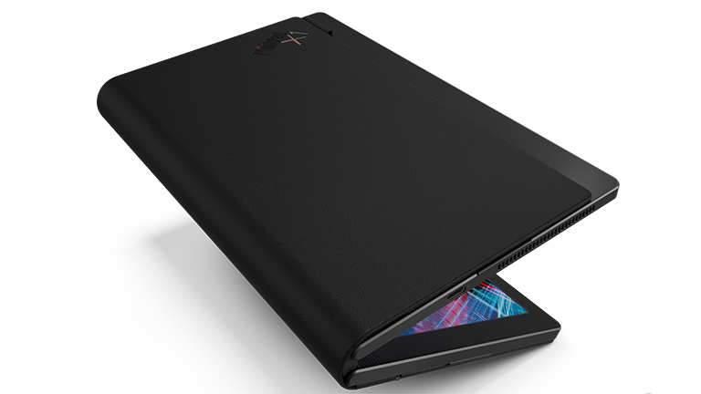 Lenovo ThinkPad X1 Fold Das Lenovo ThinkPad X1 Fold im fast zusammengeklappten Zustand.