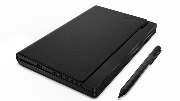 Lenovo ThinkPad X1 Fold Das Lenovo ThinkPad X1 Fold komplett zugeklappt. Gut zu erkennen ist die Lederhülle des Geräts.