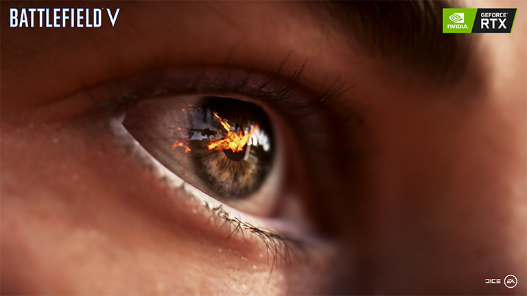 battlefield-v-nvidia-rtx-ray-tracing-screenshot Ein Screenshot aus Battlefield V, der ein Auge zeigt. Darin spiegelt sich eine Explosion in der Nähe.