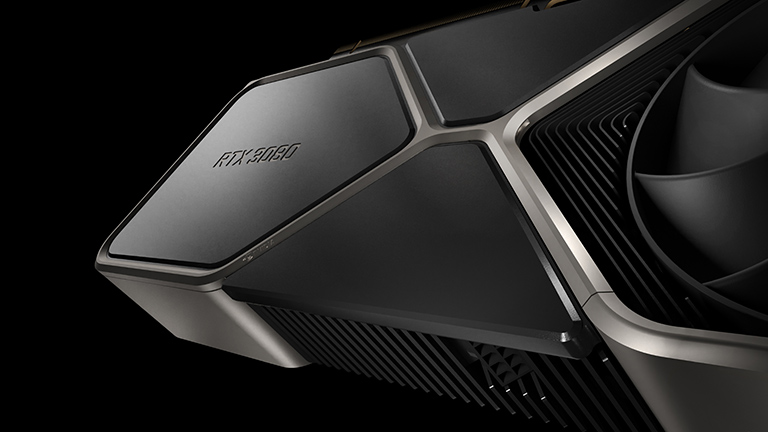 geforce Nvidia Die GeForce RTX 3080 in einer Nahaufnahme der Oberseite.