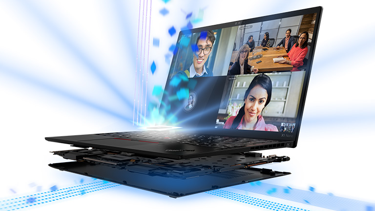 Lenovo ThinkPad X1 Nano Das Thinkpad X1 Nano in einer Explosions-Ansicht. Auf dem Bildschirm ist ein Meeting zu sehen.