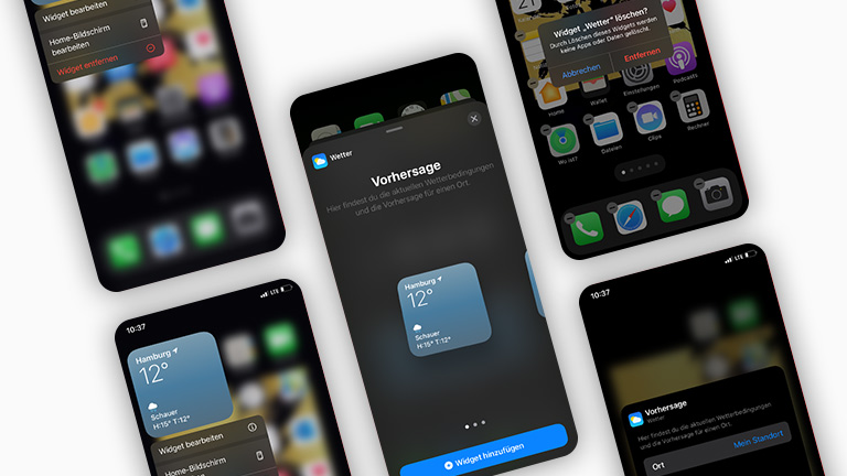 iPhone iOS14 Widgets Mehrere Screenshots, die die Größenauswahl, das Bearbeiten und das Löschen von Widgets zeigen.
