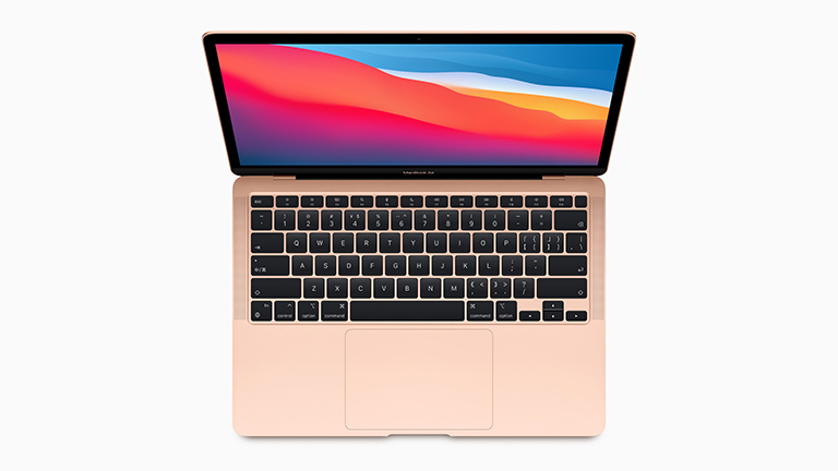 Apple, new macbookair, wallpaper Blick auf ein aufgeklapptes MacBook Air von oben.