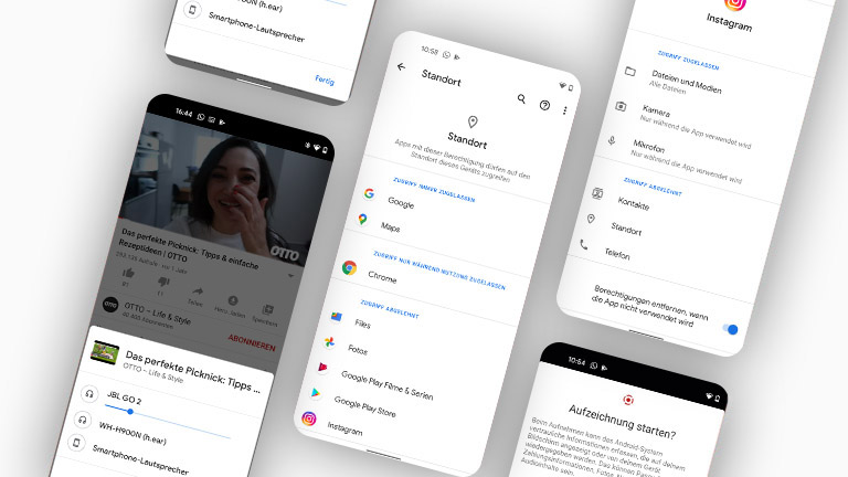 Android 11 Screenshots zu den App-Berechtigungen, zu Screen-Recording und der neuen Medien-Steuerung auf einen Blick.