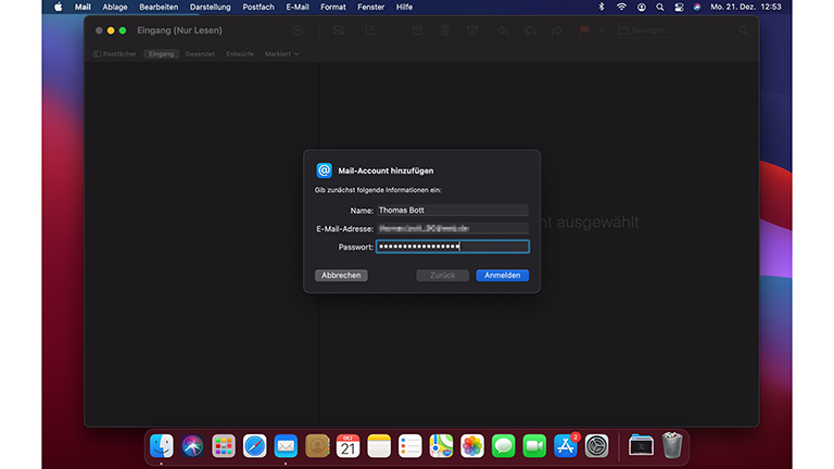 Apple Mail Account einrichten Screenshot von der Apple-Mail-Einrichtung unter macOS.
