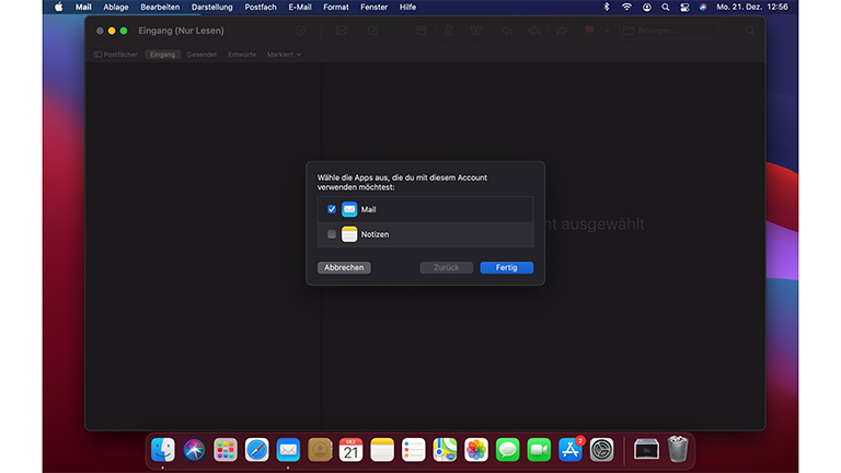 Apple Mail Account einrichten Screenshot von der Apple-Mail-Einrichtung unter macOS.