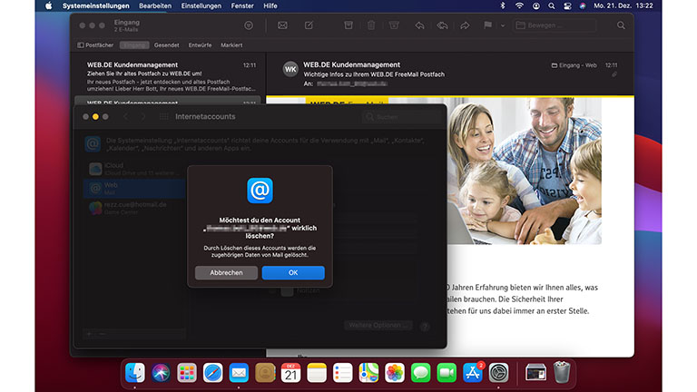 Apple Mail Account entfernen Ein Screenshot zeigt das Löschen von Accounts bei Apple Mail unter macOS.