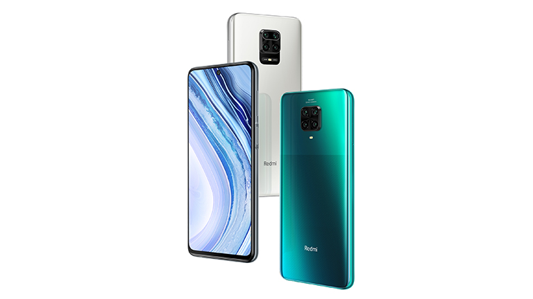Xiaomi Redmi Note 9 Pro Das Redmi Note 9 Pro in Weiß, Grün und von vorne.