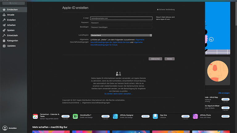 Apple-ID erstellen Ein Screenshot der Account-Erstellung im App Store.