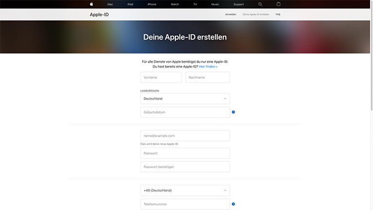 Apple-ID erstellen Ein Screenshot von der Account-Erstellung bei Apple im Internet.