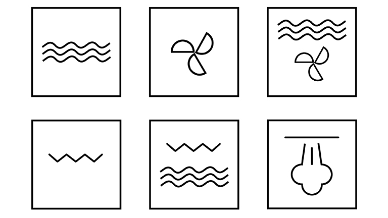 Mikrowelle Sechs Symbole: Drei Wellen, ein Ventilator, drei Wellen und ein Ventilator, Zacken oben, Zacken oben und drei Wellen, Dampf von oben.