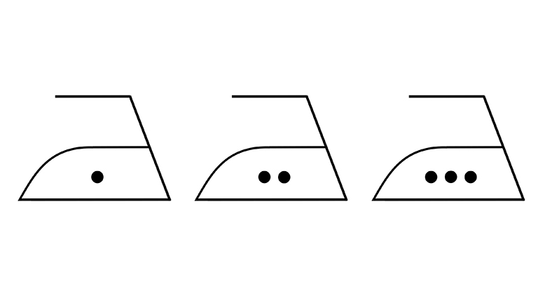 Bügeln Drei Symbole zeigen Bügeleisen mit einem, mit zwei und mit drei Punkten.