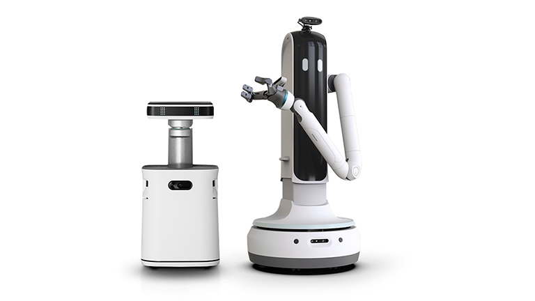 Samsung Care Bot Zwei aktuelle Roboter von Samsung. Einer davon hat einen Greifarm, um kleinere Gegenstände zu bewegen und transportieren.