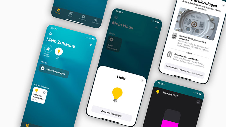 Apple Home Screenshots vom Hinzufügen eines Geräts zu HomeKit in der Home-App auf einem iPhone.