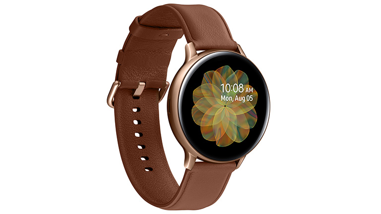 Samsung Galaxy Watch Active2 Produktbild der Samsung Galaxy Watch Active2 mit braunem Lederarmband und floralem Ziffernblatt.