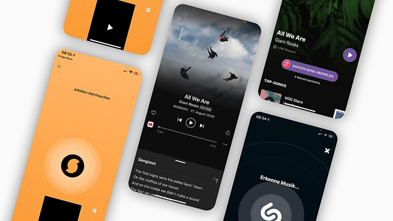 Soundhound und Shazam Screenshots von Shazam und Soundhound auf einem iPhone.
