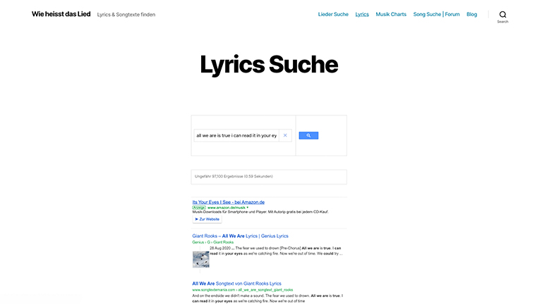 Wie heißt das Lied Screenshot der Liedtext-Suche von Wie heißt das Lied.