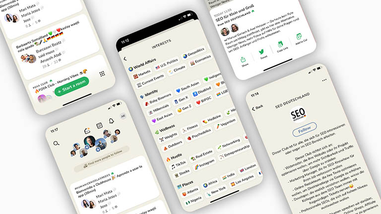Mehrere Screenshots zeigen unterschiedliche Bereiche der App Clubhouse.