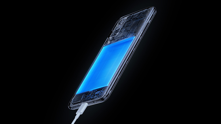 Xiaomi Redmi Note 10 5G Rückseite des Redmi Note 10 5G, bei dem der verbaute Akku blau hervorgehoben ist.