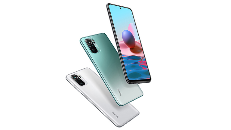 Das Redmi Note 10 in den drei Farben Onyx Gray, Pebble White und Lake Green.